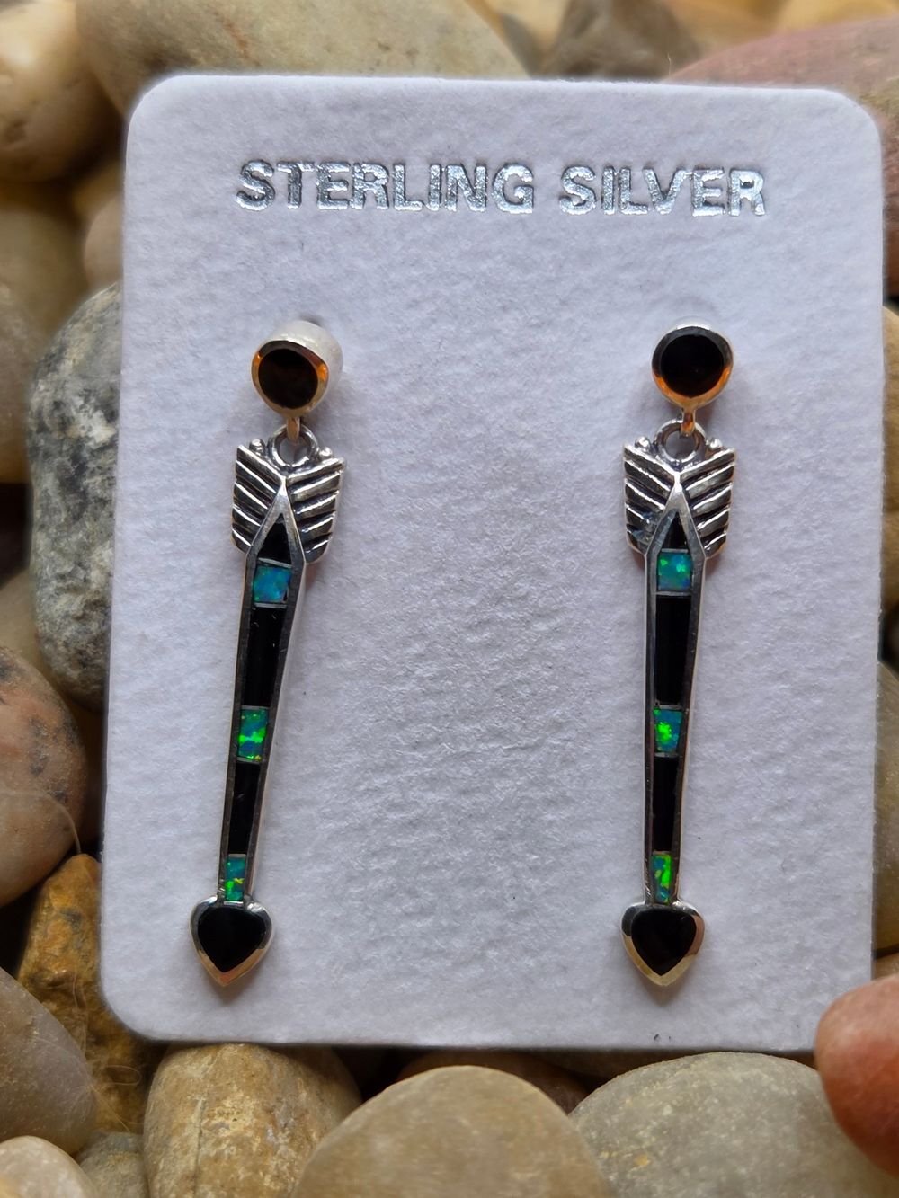 Sterling Silver Black Onyx Opal Arrow Drop Earrings